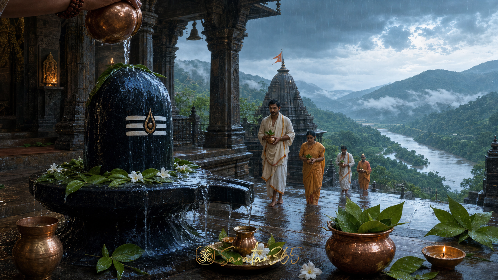 Devotees offering water and bilva leaves to a Shiva linga at a rain-washed temple during Shravan