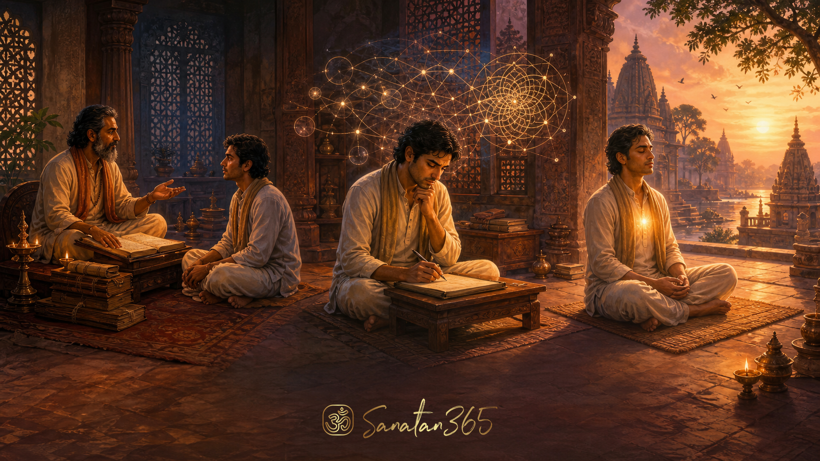 A seeker moves from attentive Vedantic listening through reflection into steady contemplation
