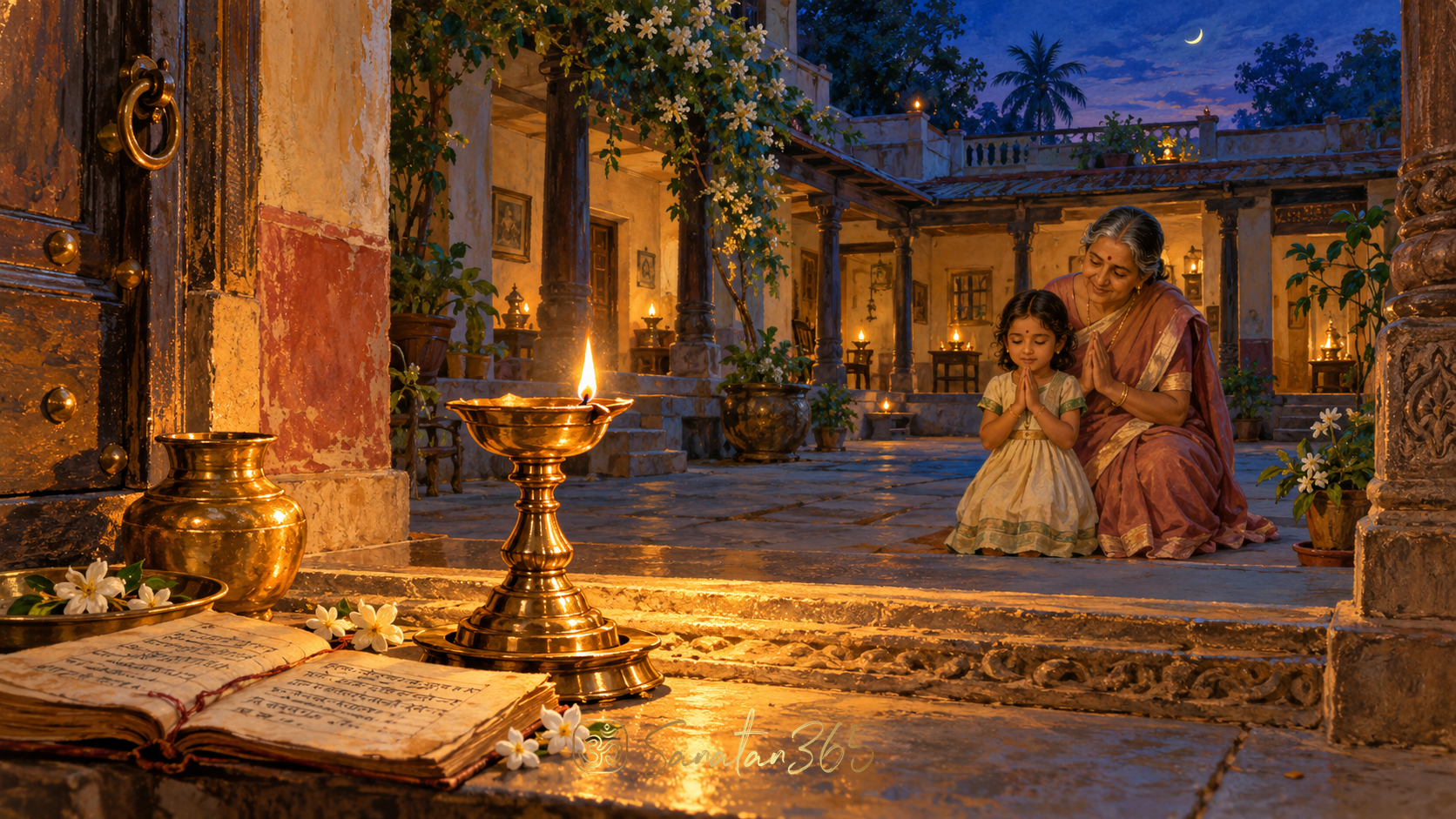 Painterly Indian courtyard at twilight with a glowing brass lamp, a grandmother and child, and connected pools of warm light.