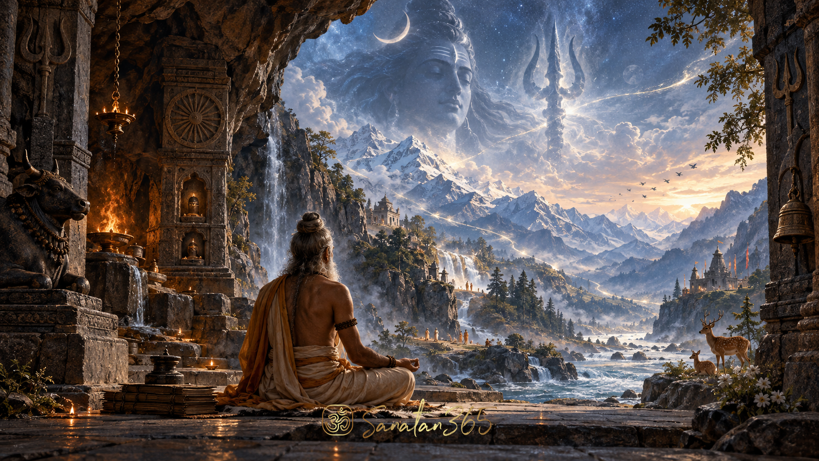 A meditating rishi perceives one luminous Rudra-Shiva presence flowing through all beings and nature