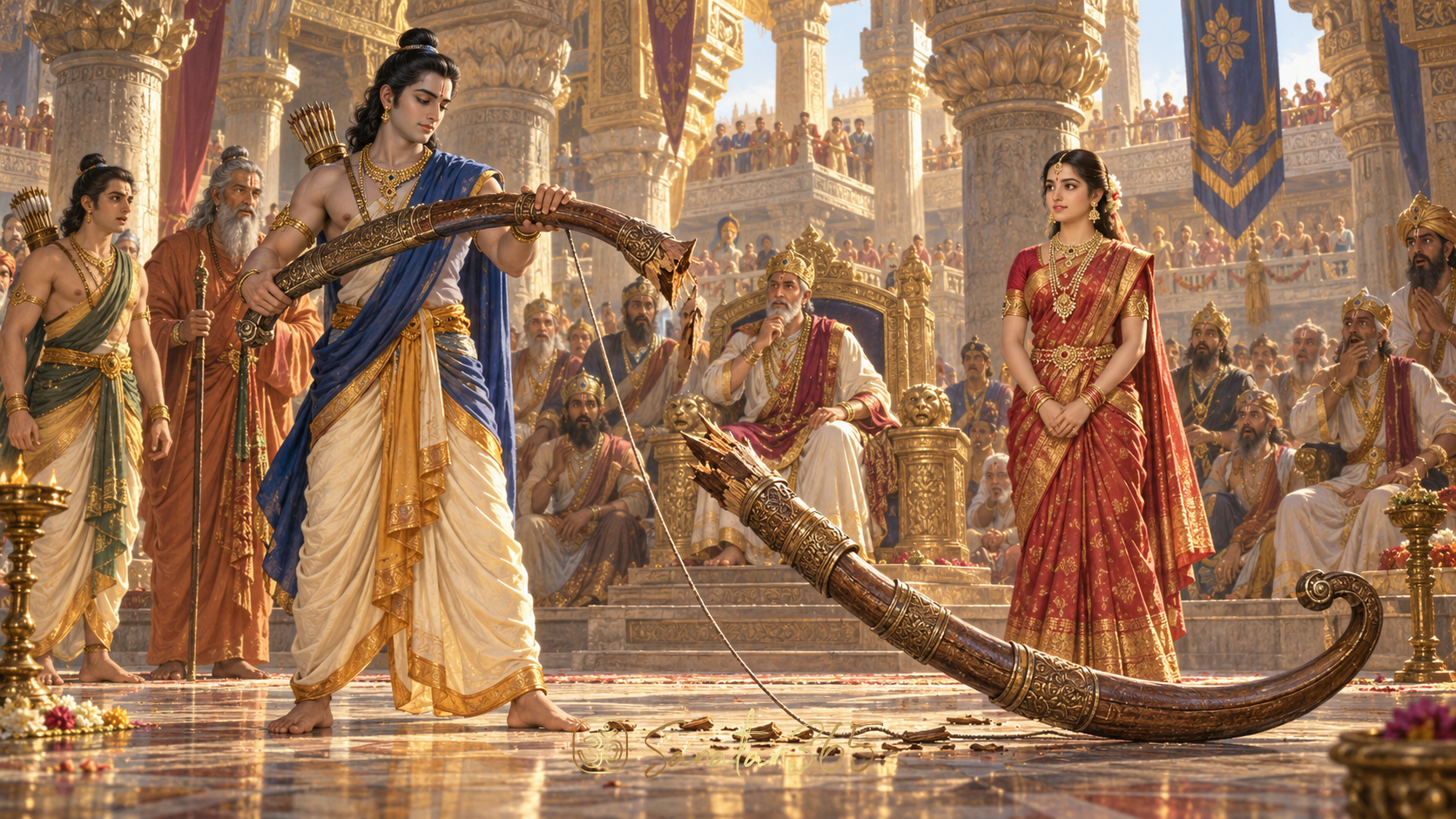 Sita and Rama in Janaka's court at Mithila as Shiva's bow breaks in the Ramayana story