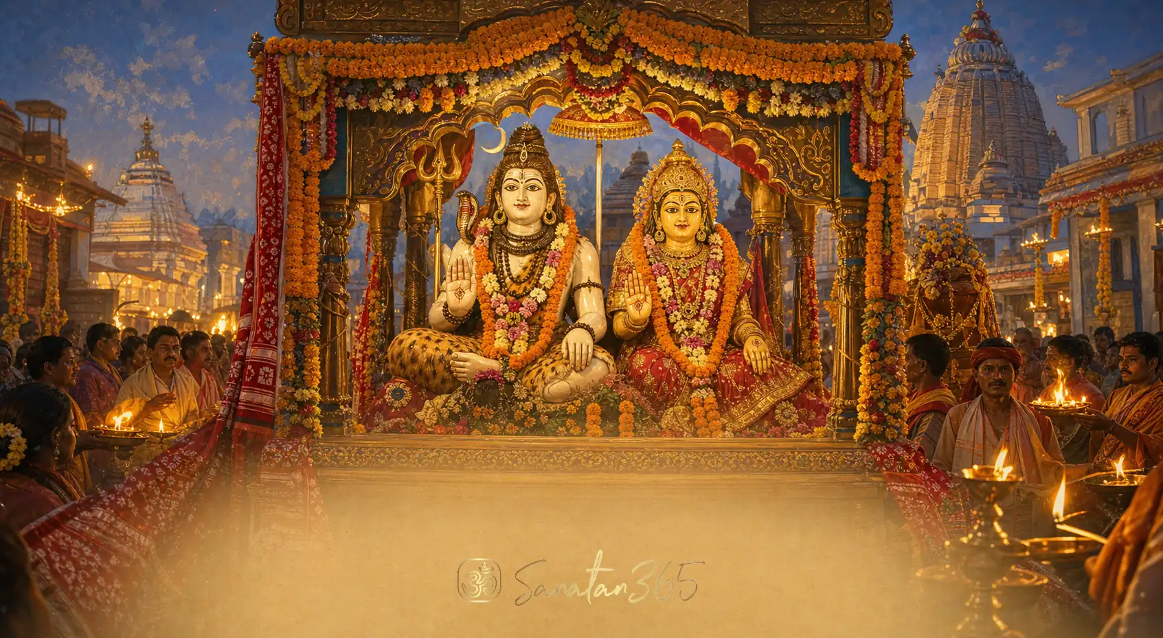 Decorated Shiva and Parvati murtis in a Sital Sasthi wedding procession in Sambalpur, Odisha