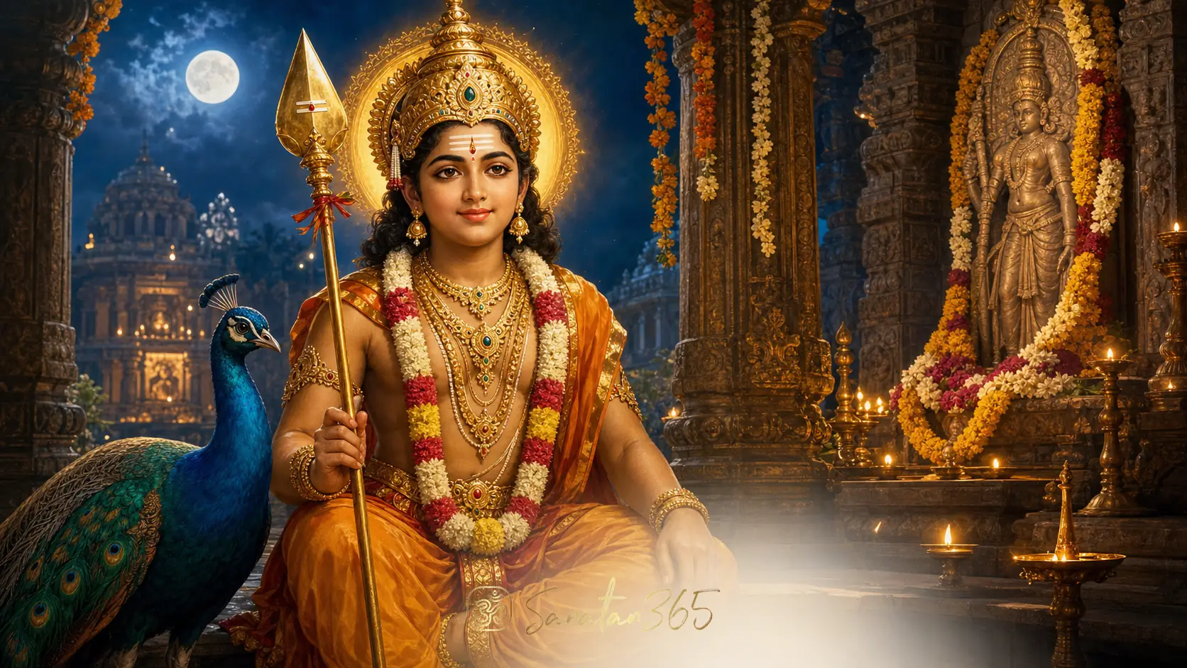 Lord Murugan with vel spear and peacock in a reverent temple setting for Skanda Sashti