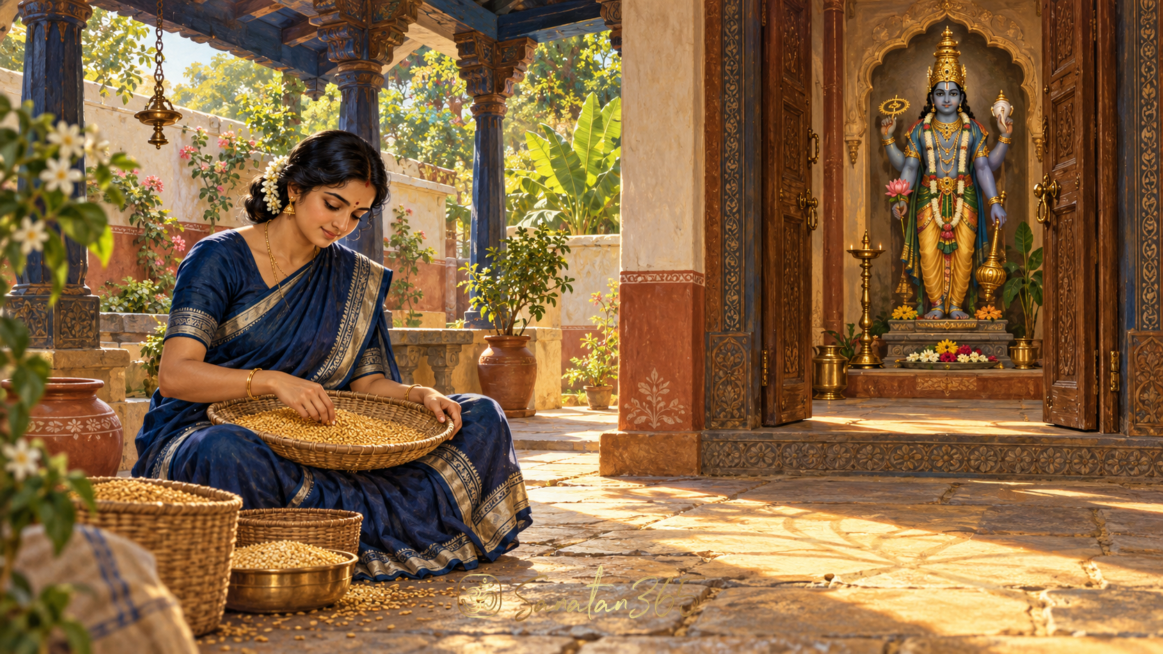 Painterly courtyard scene of a woman working beside an open doorway to a household Vishnu shrine, expressing devotional remembrance.