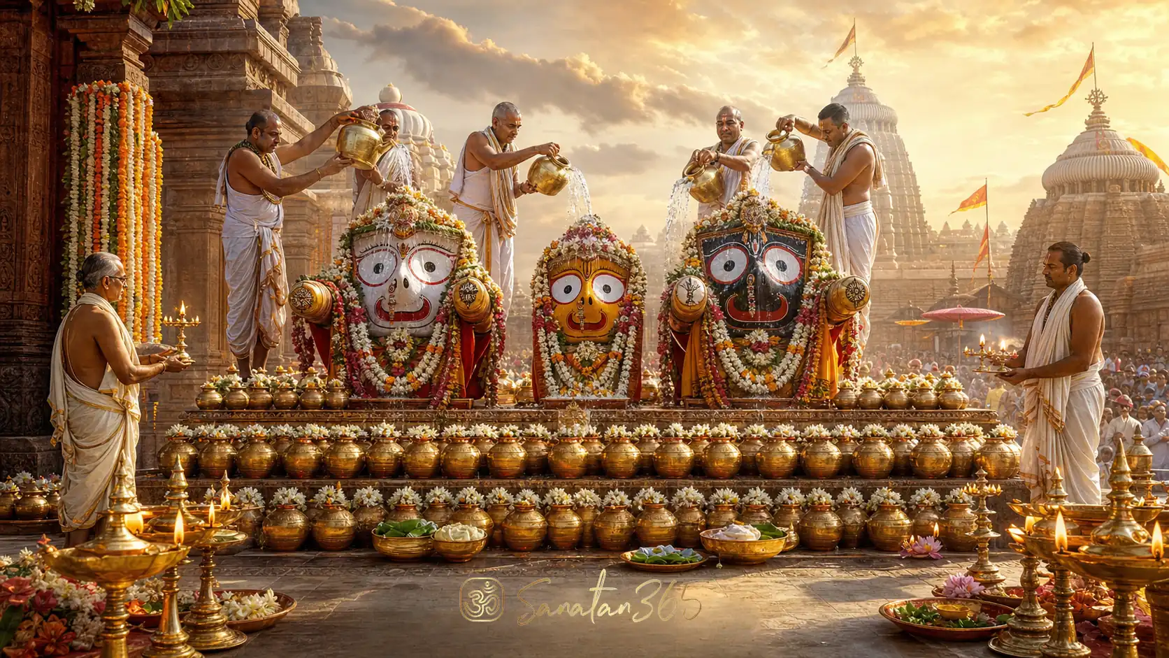 Lord Jagannath, Balabhadra, and Subhadra receiving the Snana Yatra sacred bath at Puri