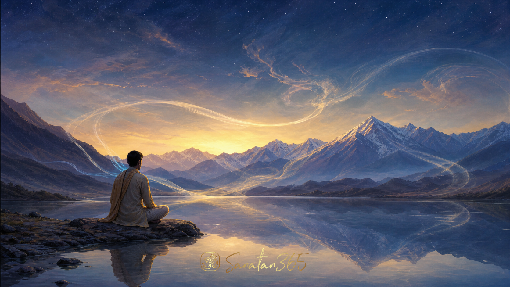 Meditator beside a Himalayan lake at dawn, with luminous breath currents joining the body, water, mountains, and sky