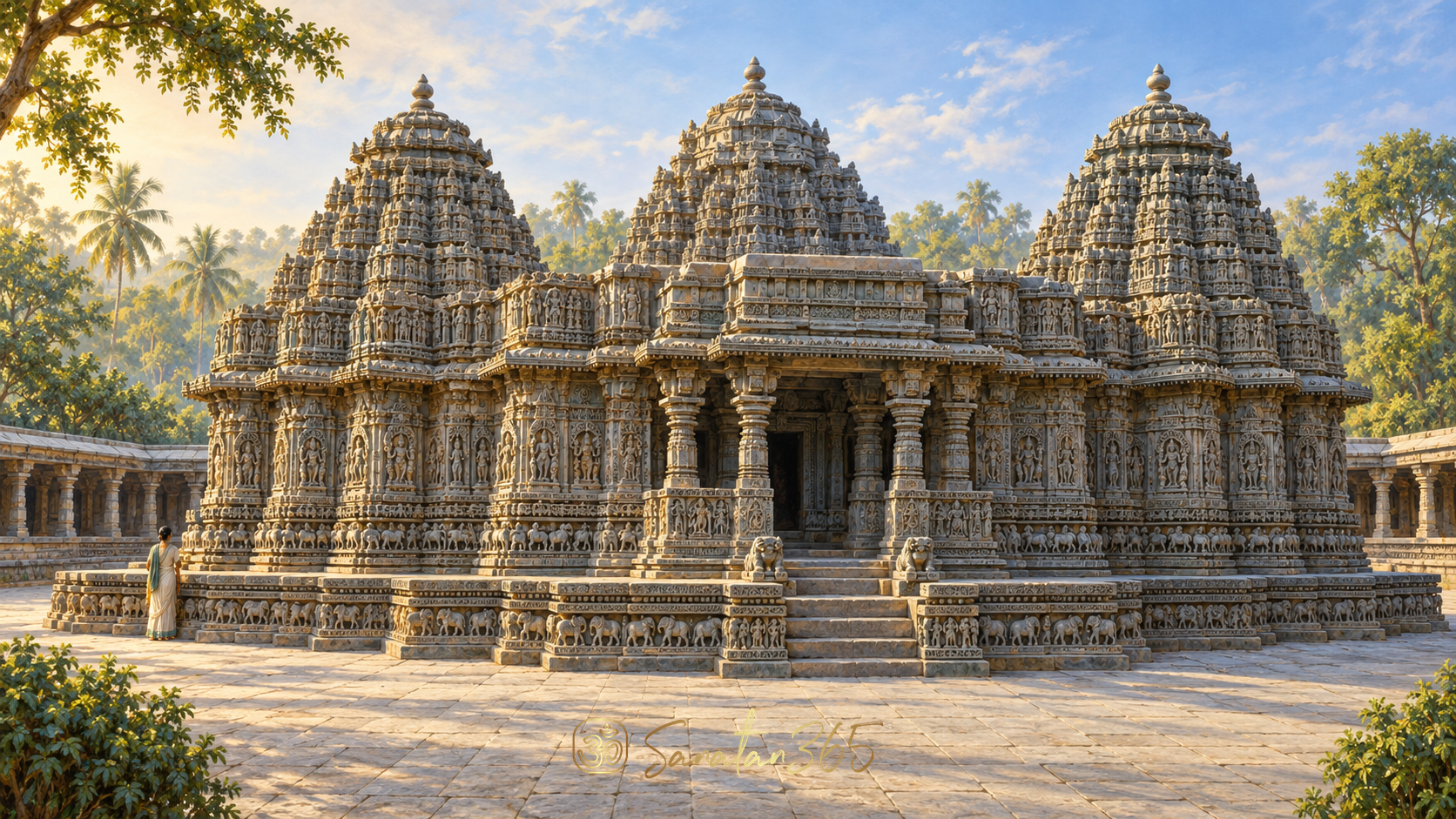 Painterly interpretation of the three Hoysala towers and carved platform of Somanathapura Keshava Temple