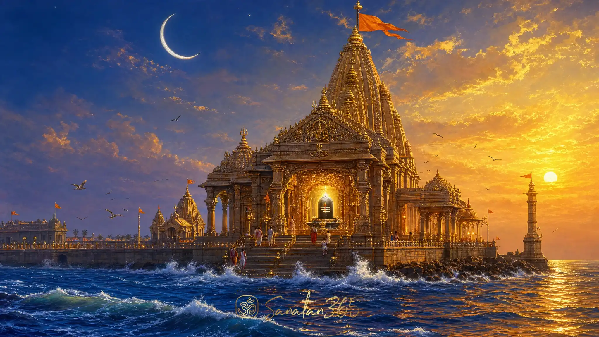 A devotional illustration of Somnath temple by the Arabian Sea with a luminous Shiva linga and crescent moon symbolism.