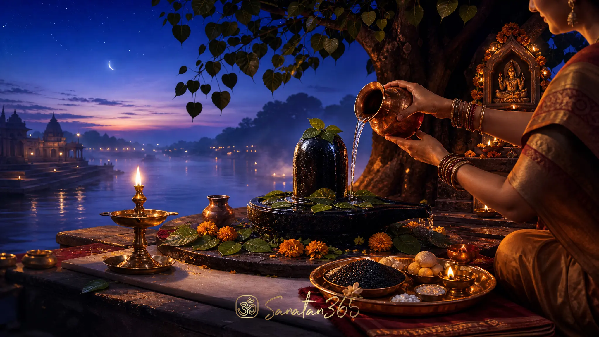 A serene Somvati Amavasya puja scene with Shiva linga, diya, bilva leaves, water offering, and ancestral ritual items at dawn.