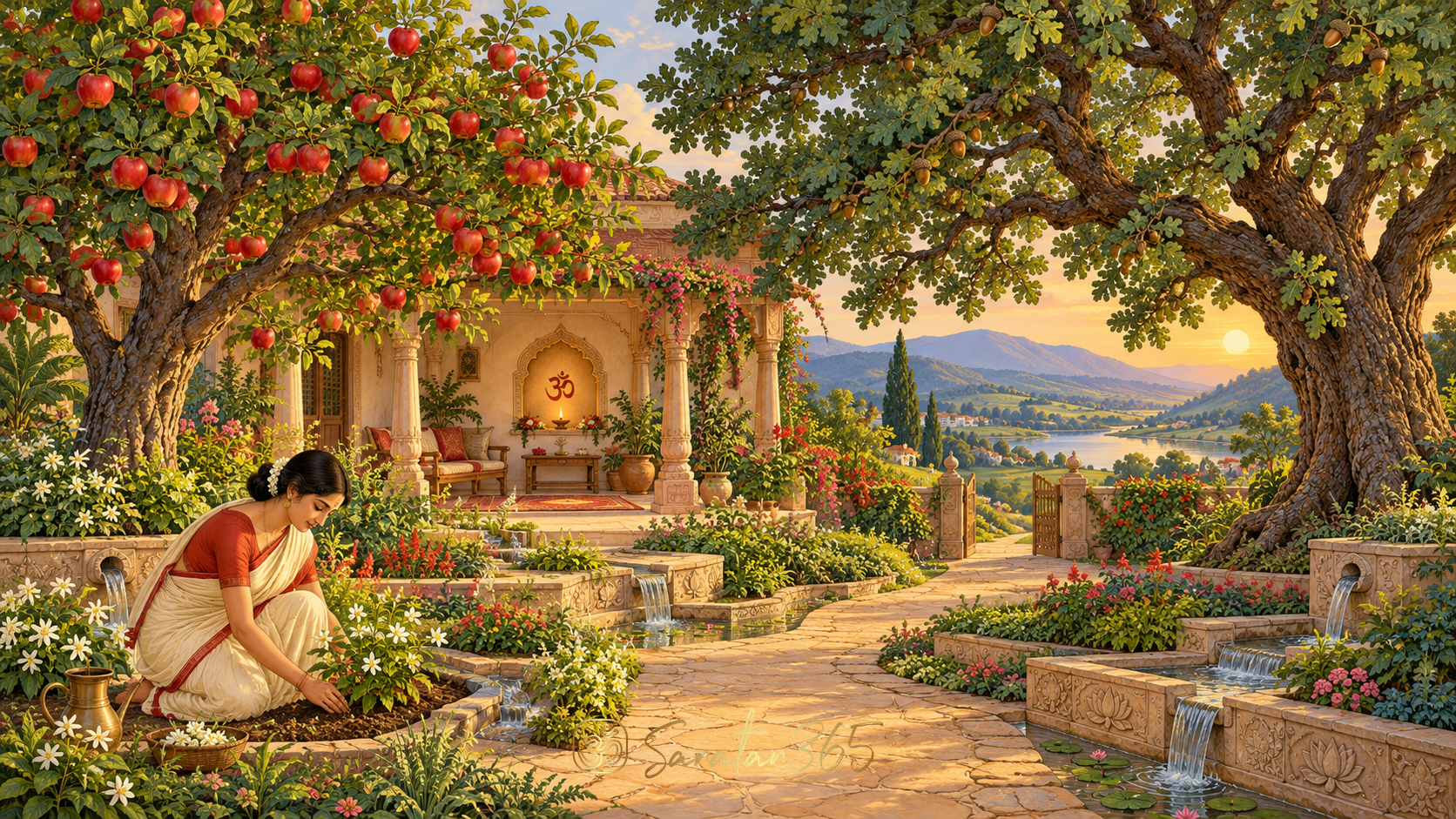 Painterly garden with an apple tree, an oak and a person tending a plant, symbolising different forms of sincere growth.