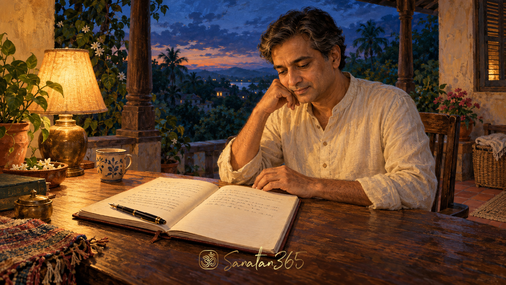 Painterly evening scene with an open personal diary, ink pen and a reflective reader on an Indian verandah.