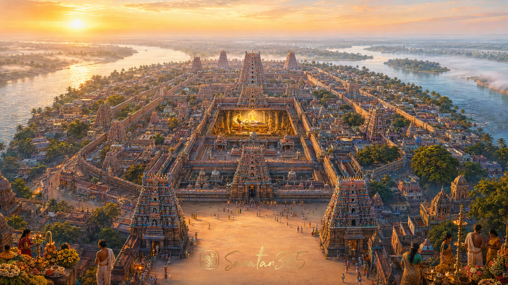 Painterly view of Srirangam temple-town leading toward Lord Ranganatha reclining on Adishesha