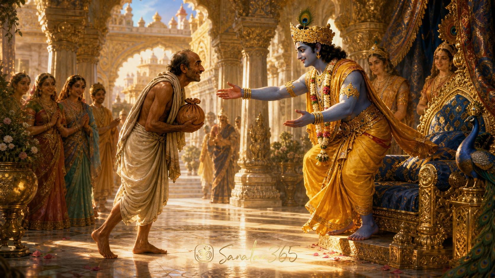 Lord Krishna warmly welcomes his childhood friend Sudama in Dvaraka