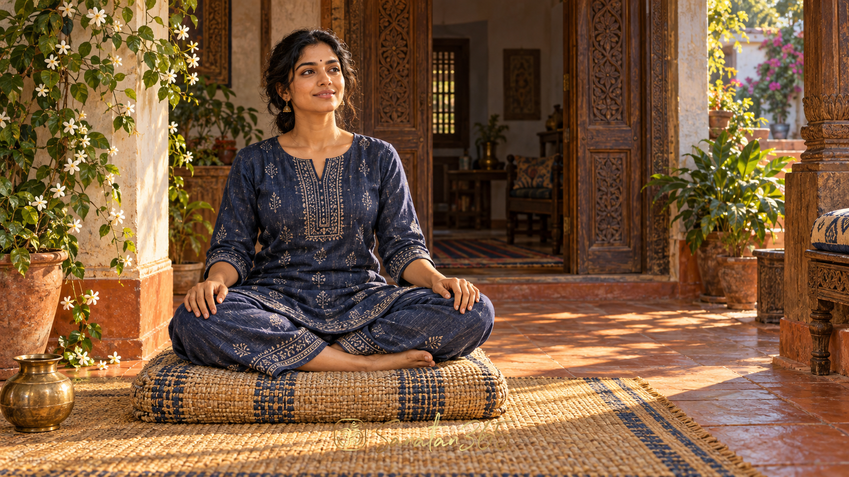 Painterly illustration of a woman sitting in a supported simple cross-legged pose in an Indian courtyard.