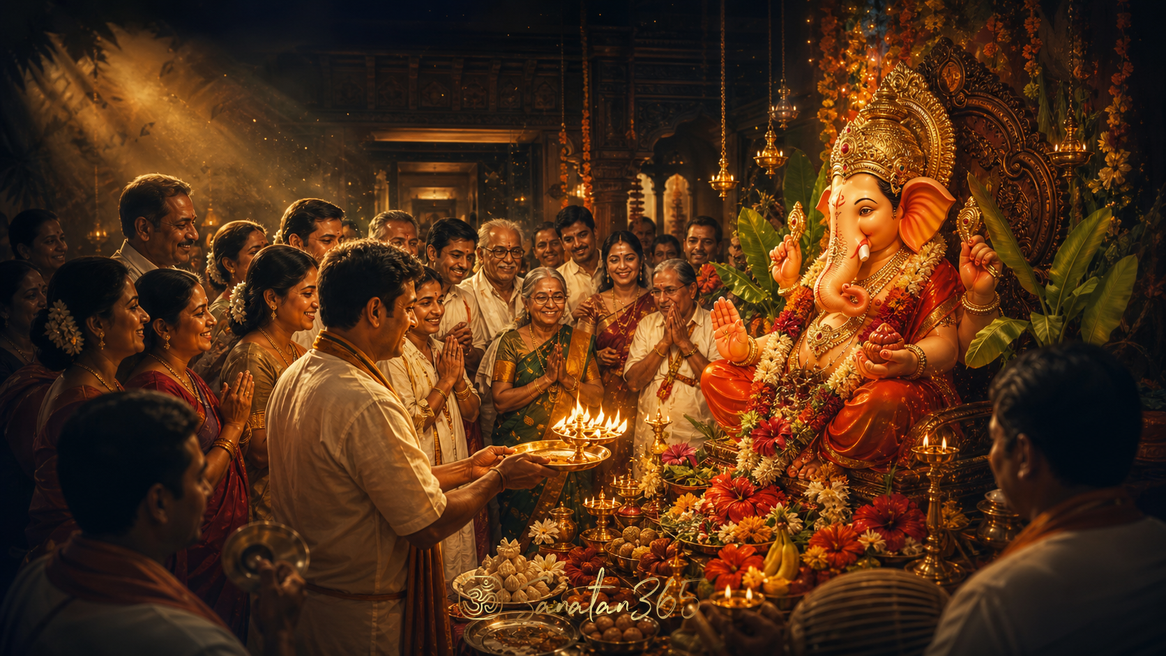 Maharashtrian devotees offering aarti before Lord Ganesha in warm sacred light