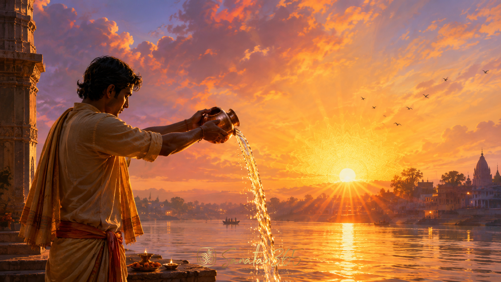 Painterly devotional scene of a devotee offering water to Surya at sunrise
