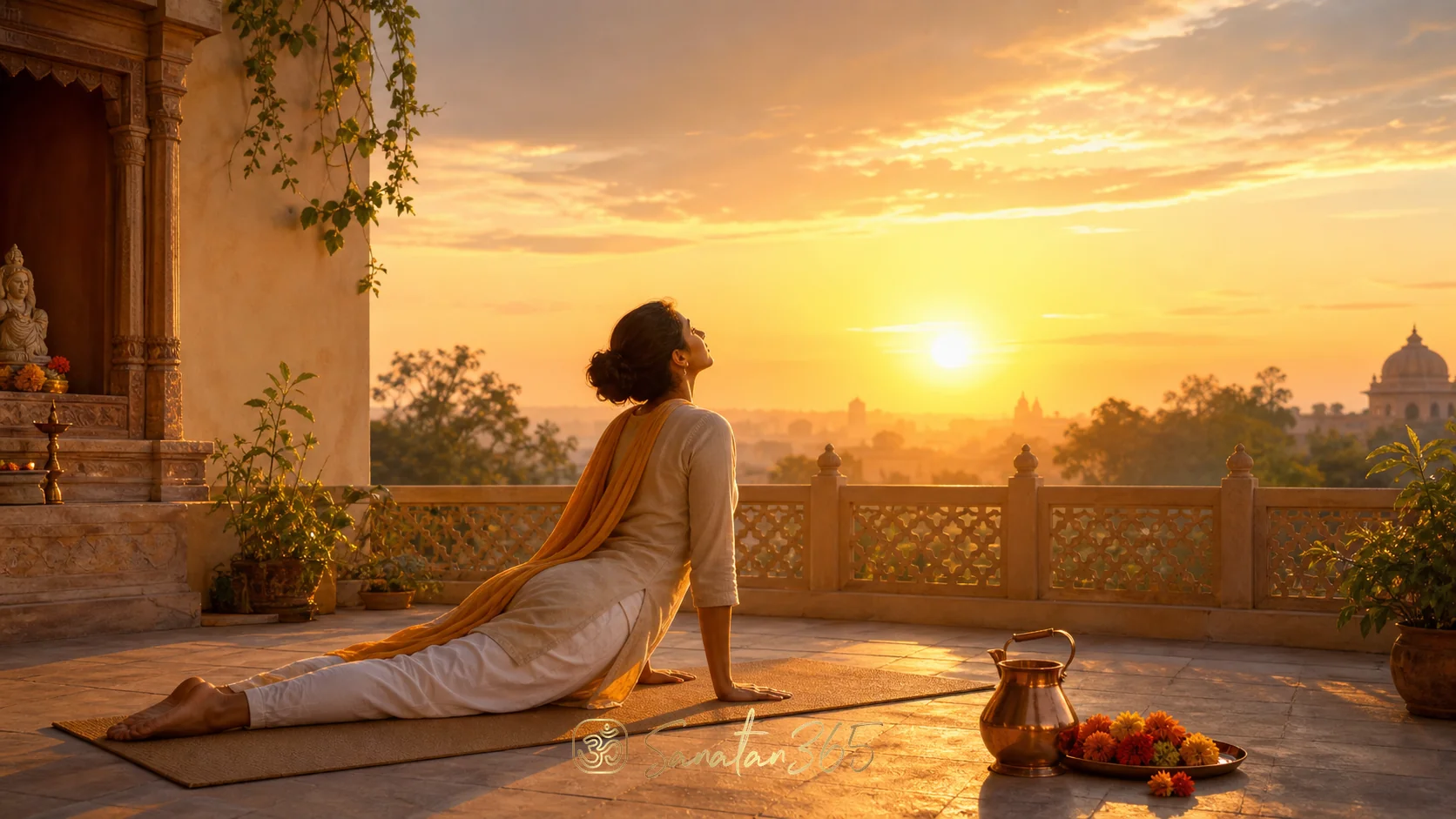 A seeker practicing Surya Namaskar at sunrise with a copper lota and marigolds nearby
