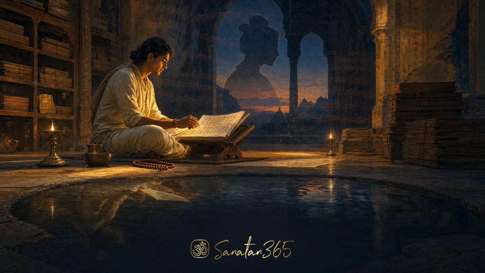 A seeker studying sacred verses beside a reflective pool, symbolizing svadhyaya through reading, recitation, and self-observation.