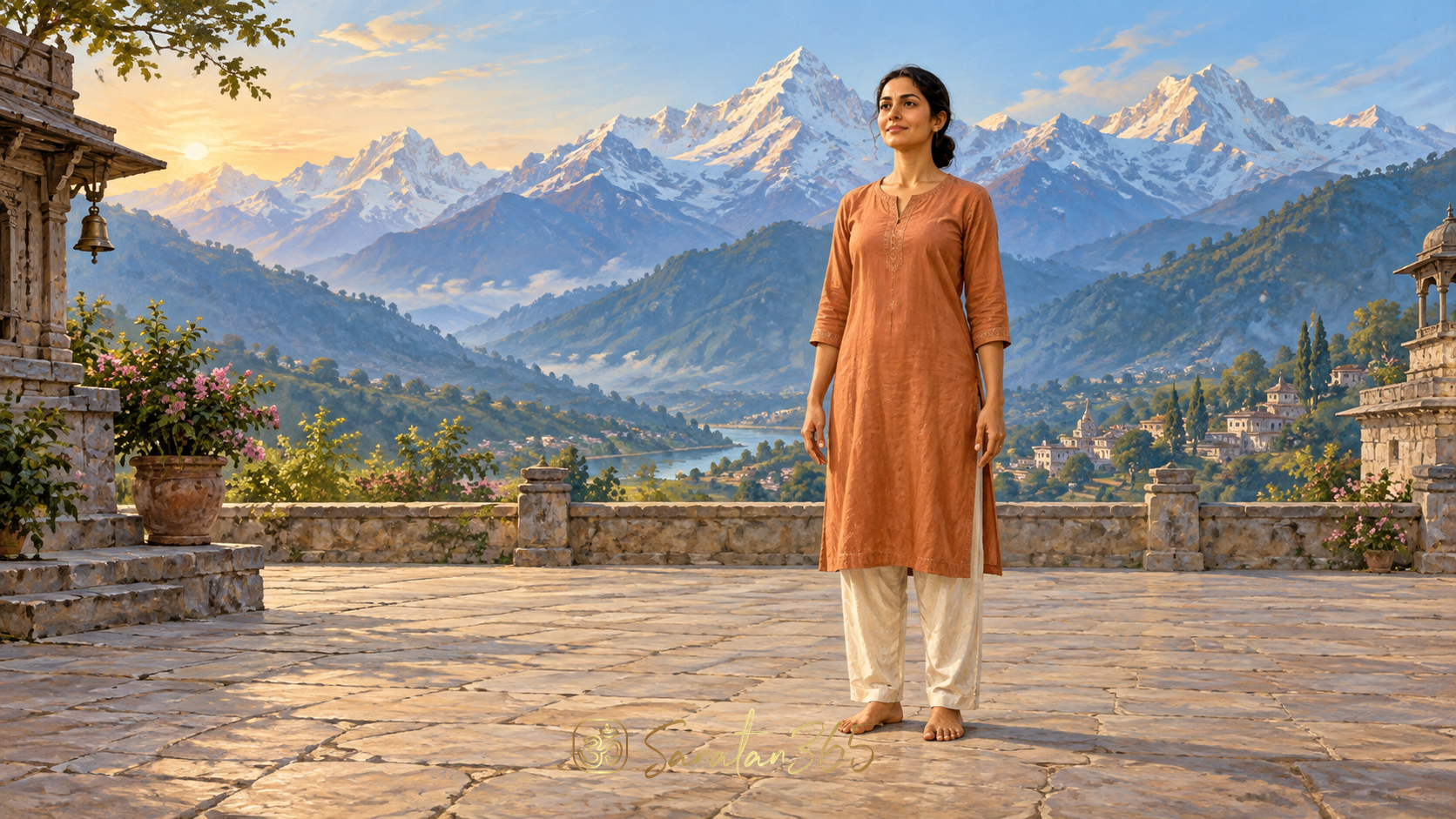 Painterly illustration of a practitioner in feet-grounded Mountain Pose before a luminous Himalayan landscape.