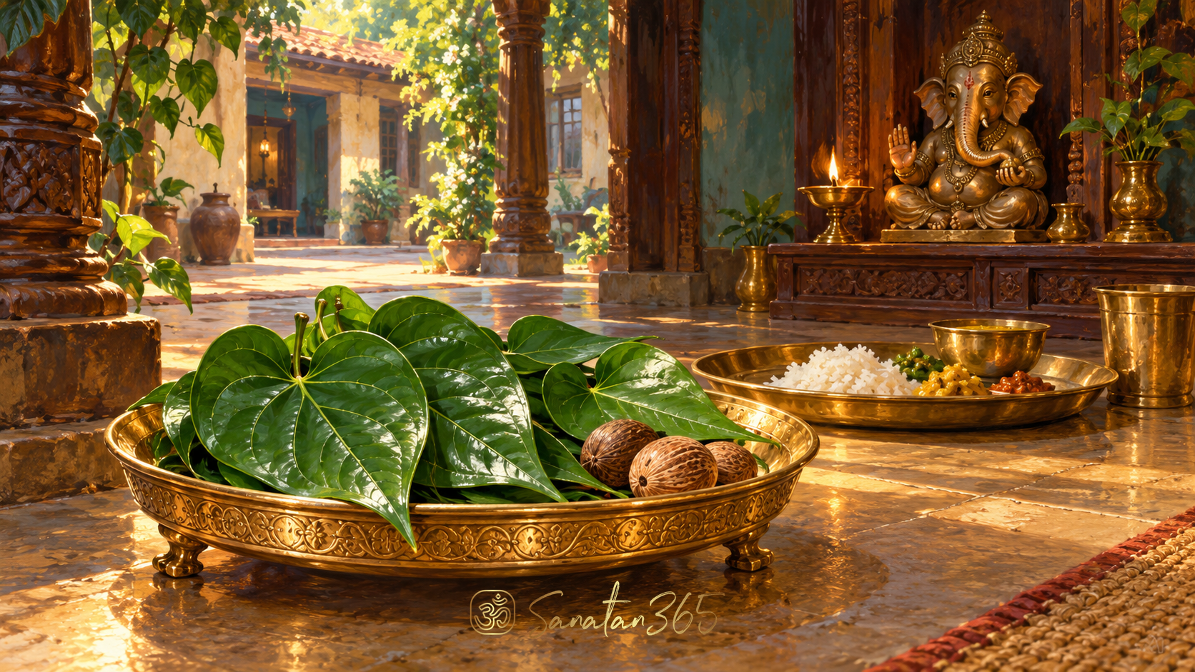 Painterly brass plate with fresh betel leaves and whole areca nuts before a Ganesha shrine in a sunlit household courtyard.