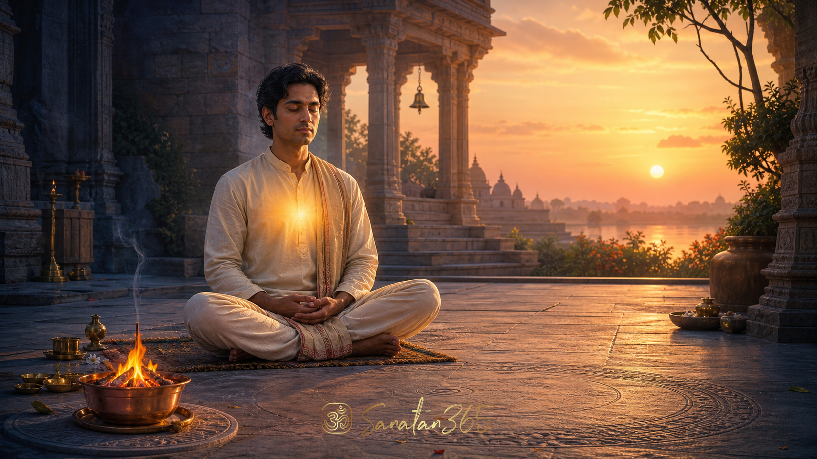 A serene yoga practitioner at dawn beside a sacred flame, symbolizing tapas as disciplined inner fire