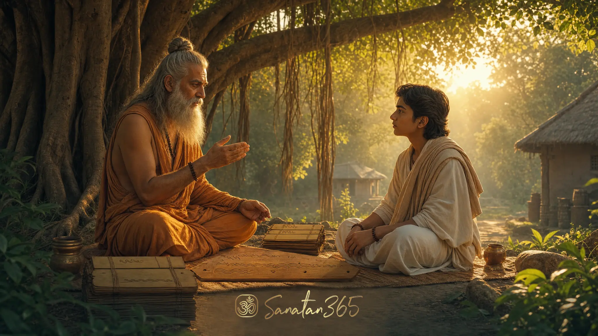 An Upanishadic teacher guiding Shvetaketu beneath a banyan tree in a quiet forest ashram