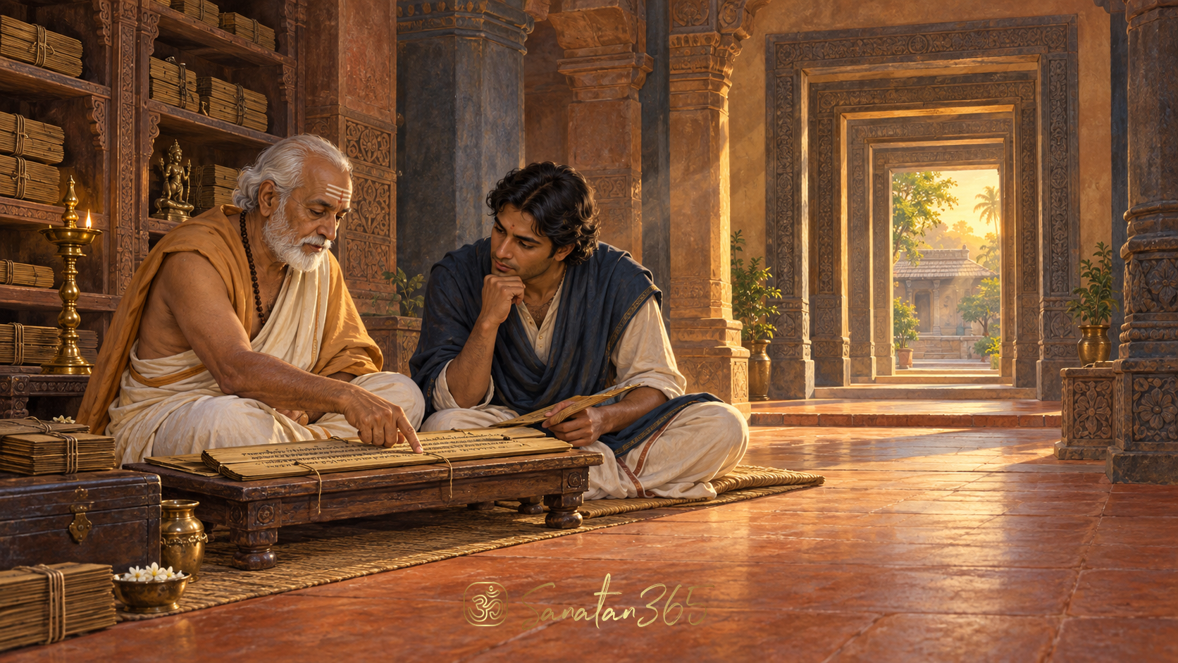 Painterly teacher and student studying a palm-leaf manuscript in a dawn-lit Indian learning hall.