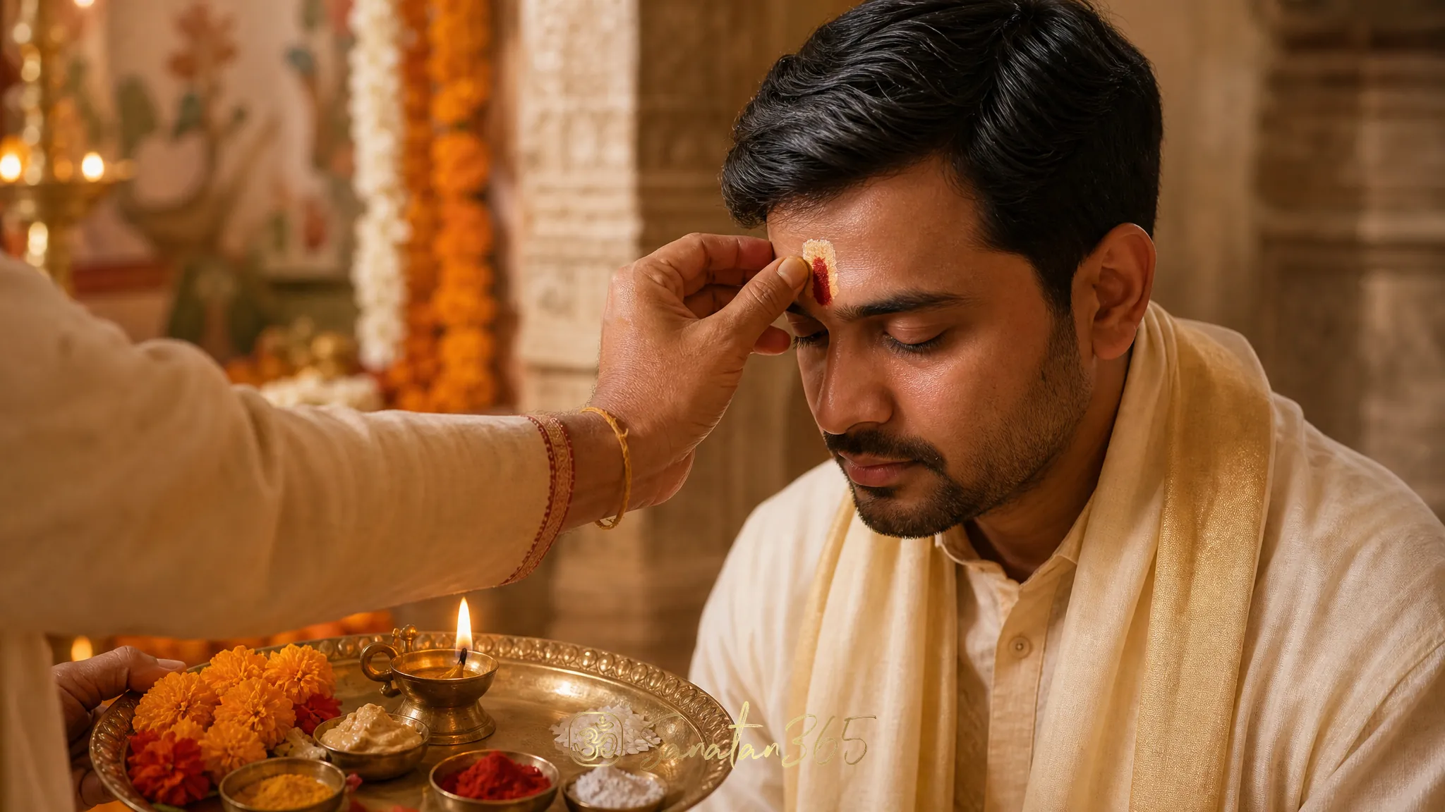 A Hindu devotee receiving a sandalwood and kumkum tilak during puja with ritual offerings nearby