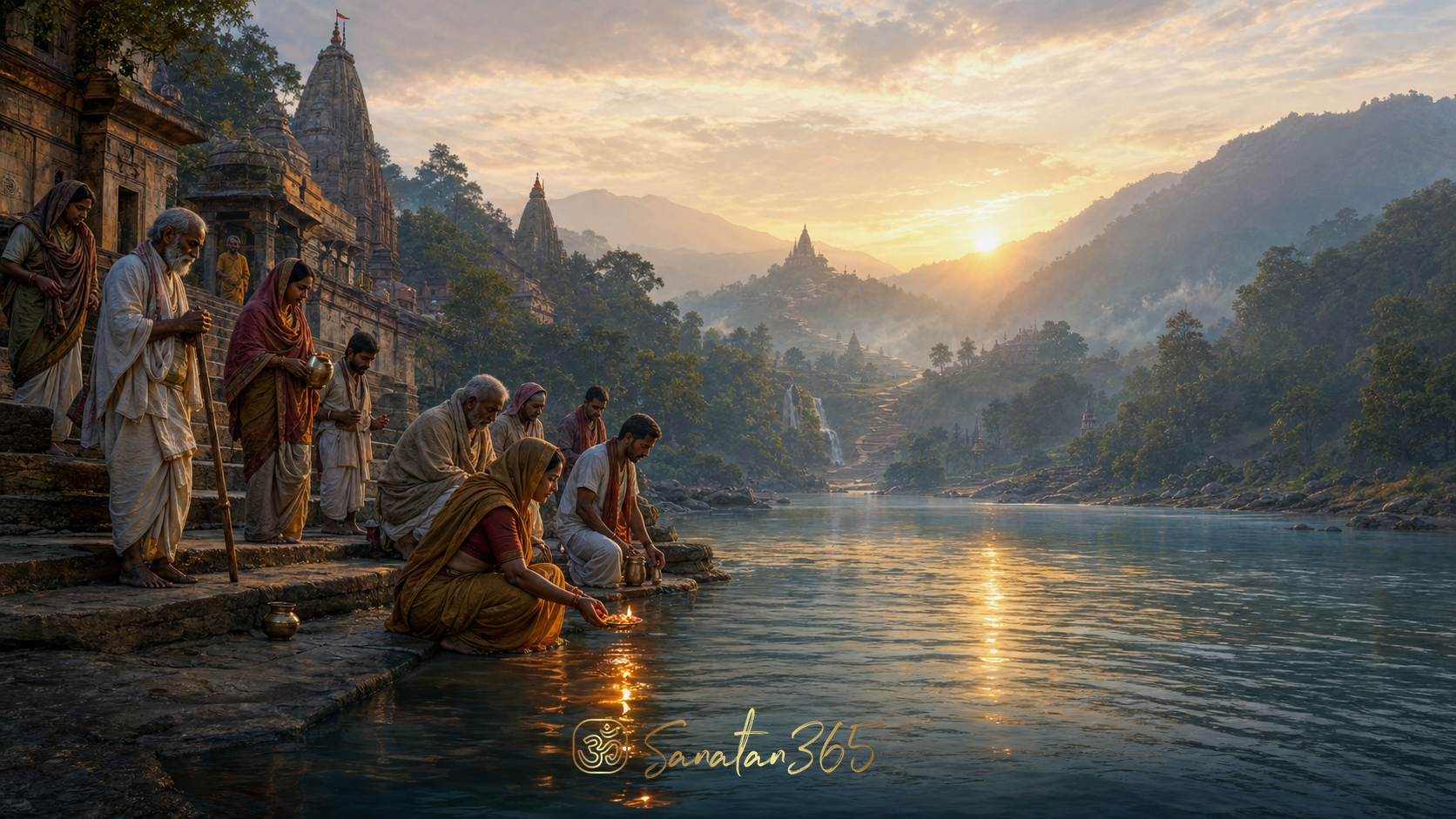 Pilgrims pause beside a sacred river and temple at dawn during a tirtha yatra