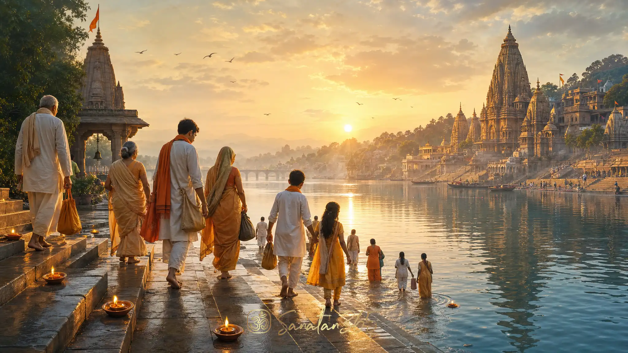 Hindu pilgrims walking toward a sacred river ghat and temple at dawn, symbolizing tirtha yatra as a sacred crossing