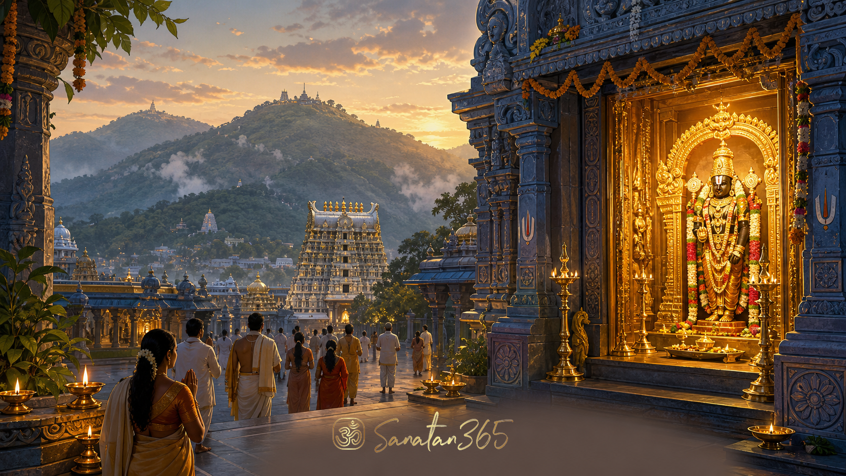 Painterly devotional view of Tirumala Seven Hills and Sri Venkateswara worship at dawn