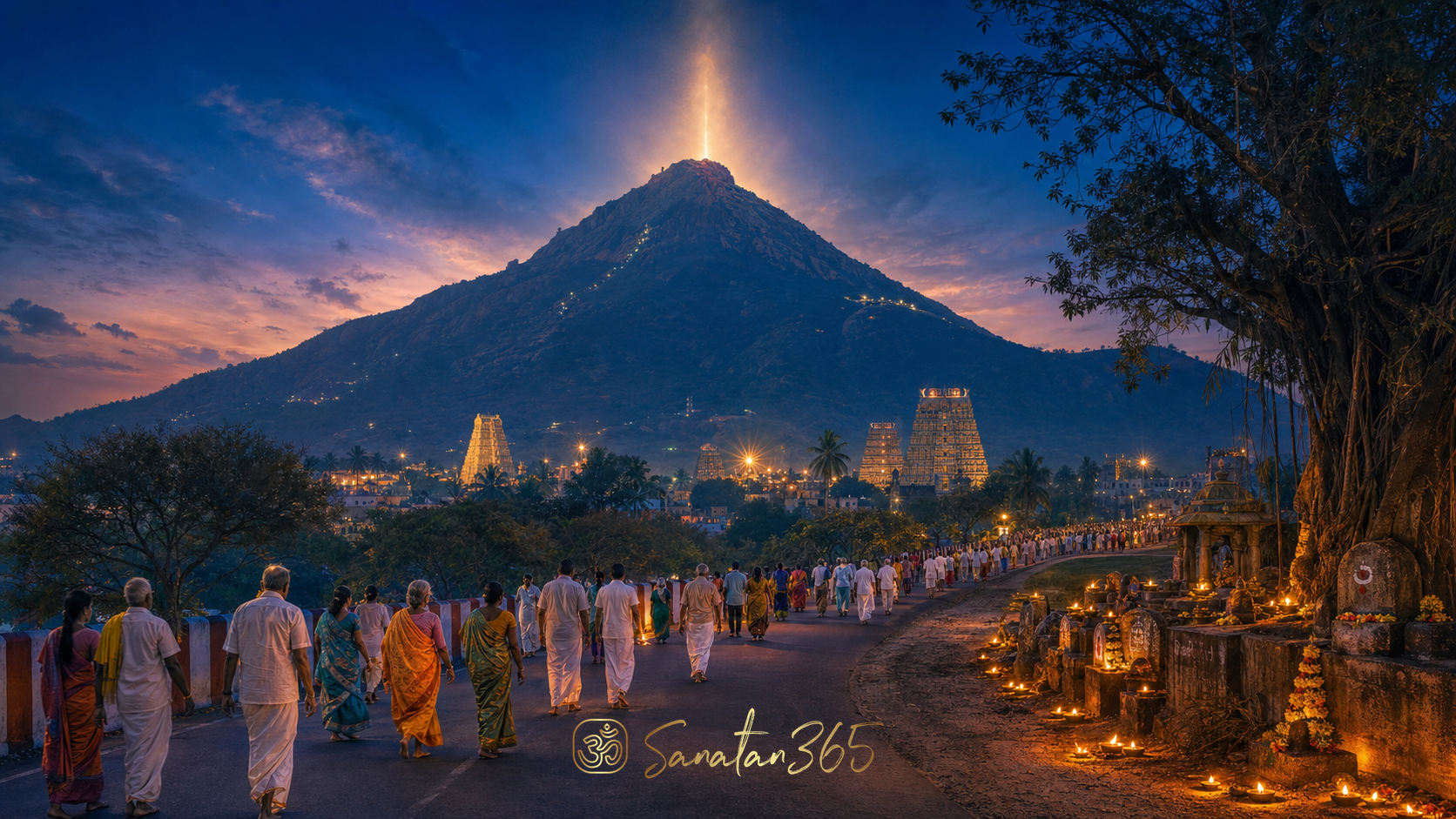 Pilgrims walking Girivalam around Arunachala with Tiruvannamalai temple towers at dusk