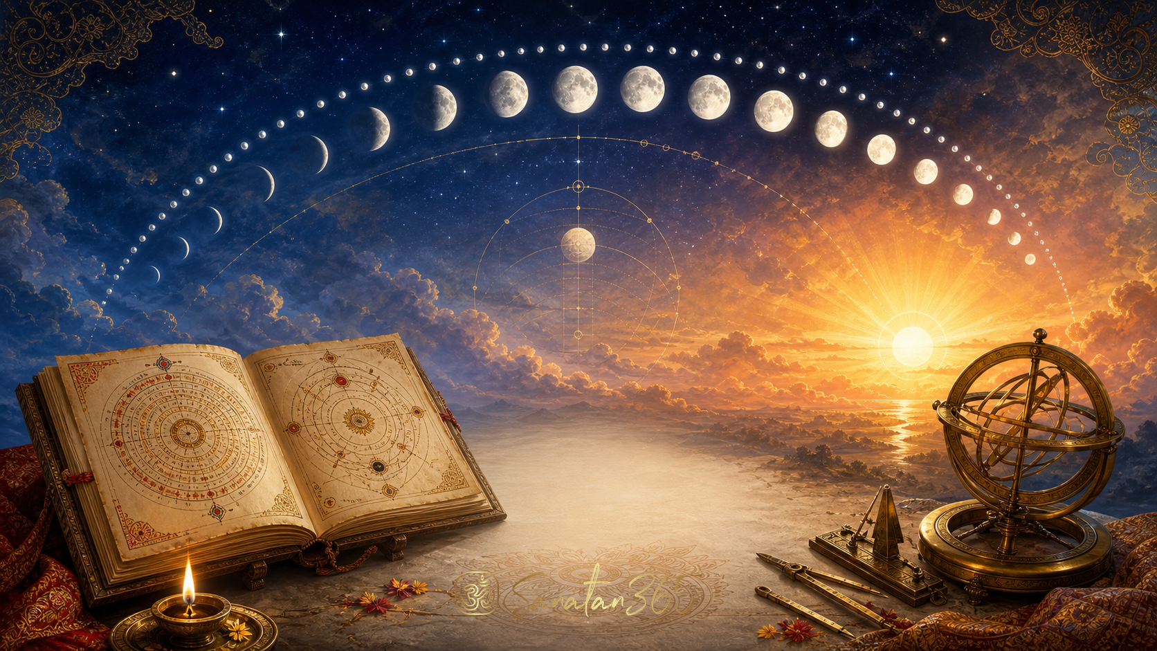 Moon phases arcing above a traditional panchang manuscript and diya in a sacred celestial landscape