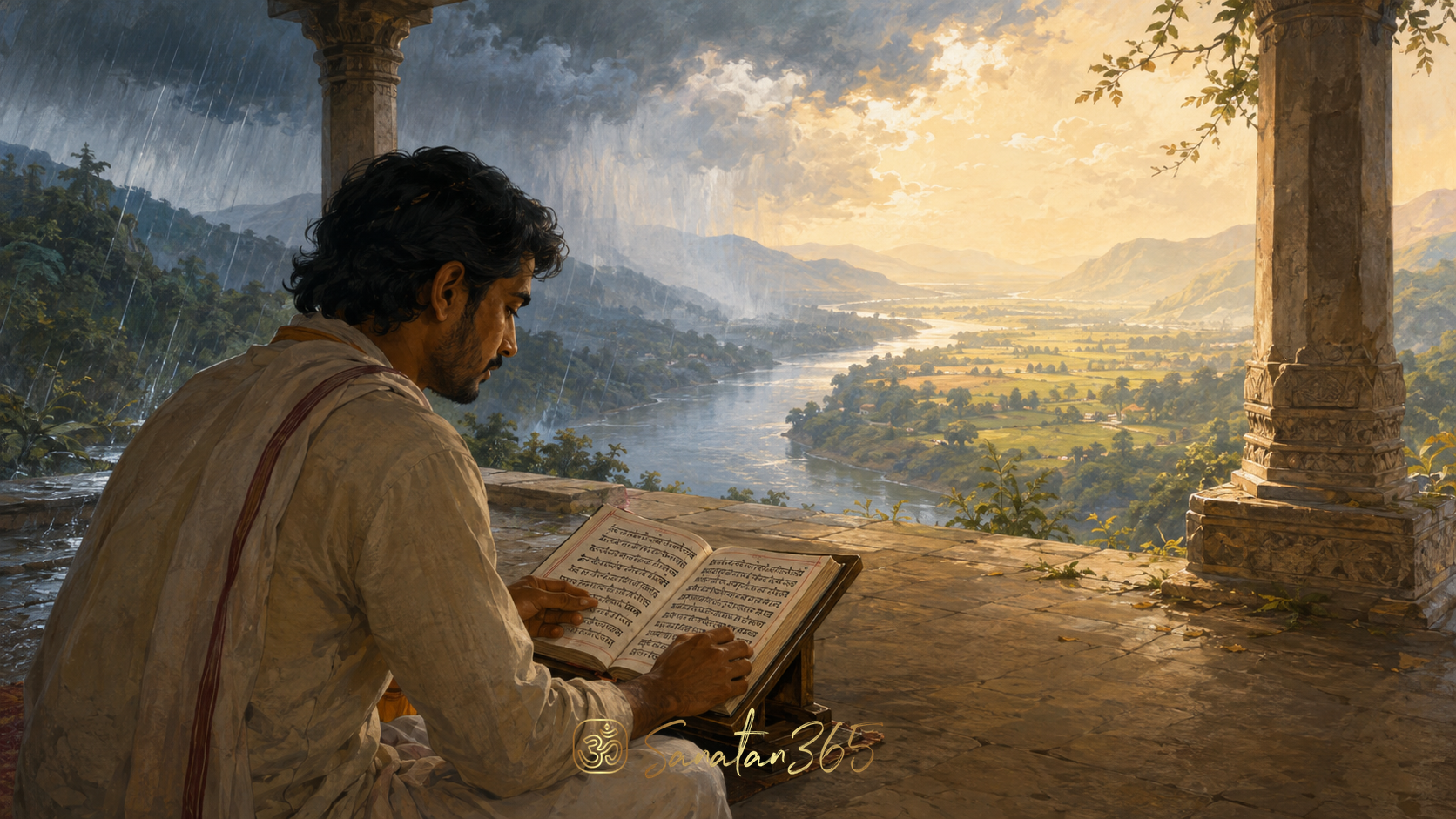 Painterly scene of a sheltered seeker studying as rain and sunlight