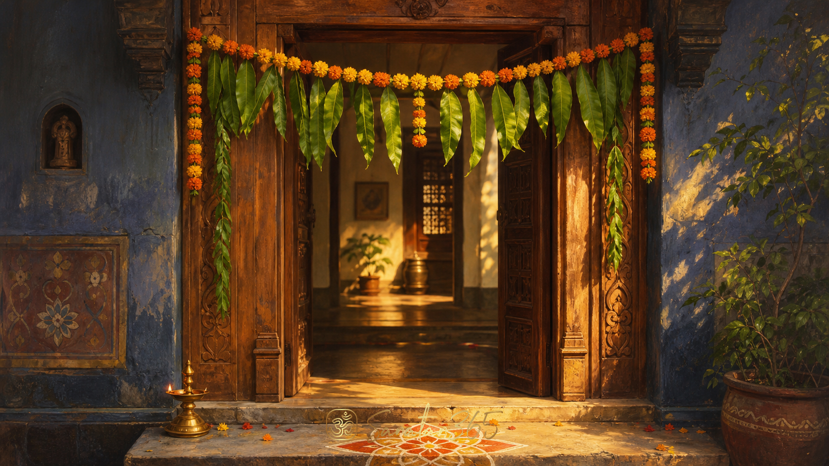 Fresh mango-leaf and marigold toran above a warmly lit Hindu home doorway
