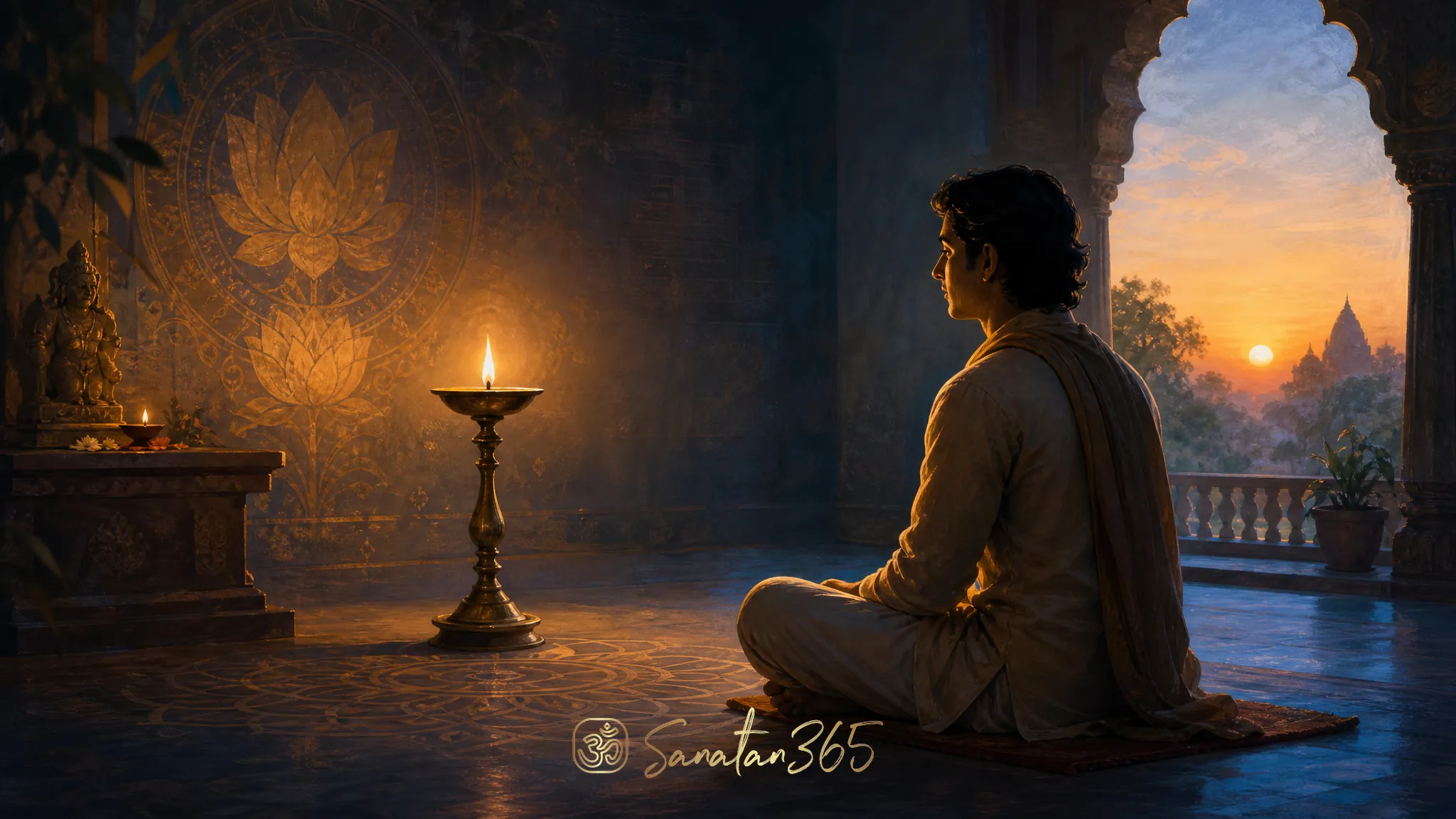 A serene seeker practicing Trataka candle gazing before a brass diya in a quiet devotional meditation space.