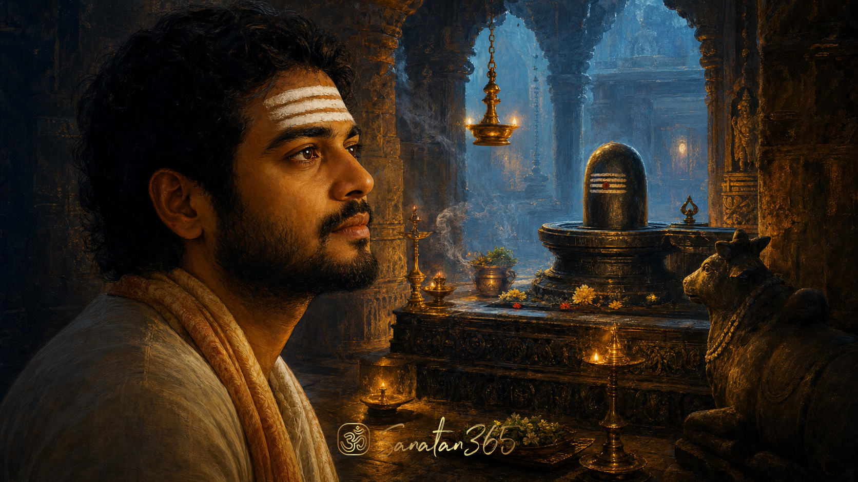 Devotee wearing three white Tripundra sacred ash lines before a softly lit Shiva linga