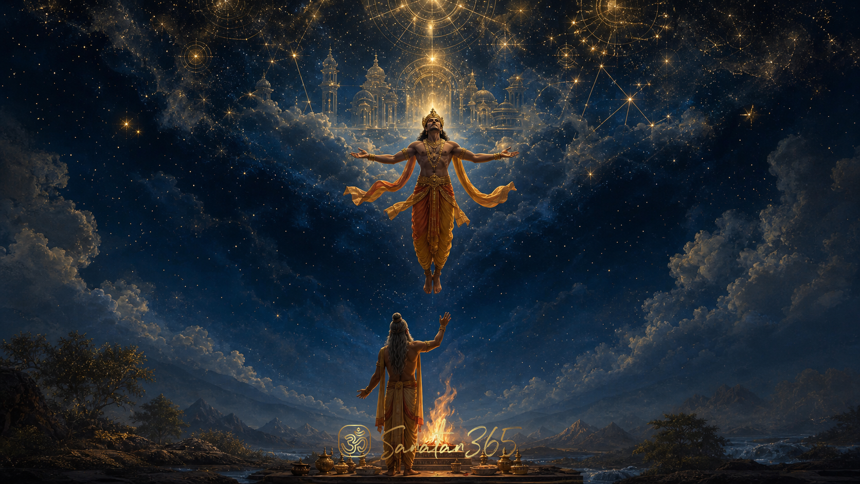 King Trishanku suspended beneath a celestial sky as sage Vishvamitra stands near a sacred fire