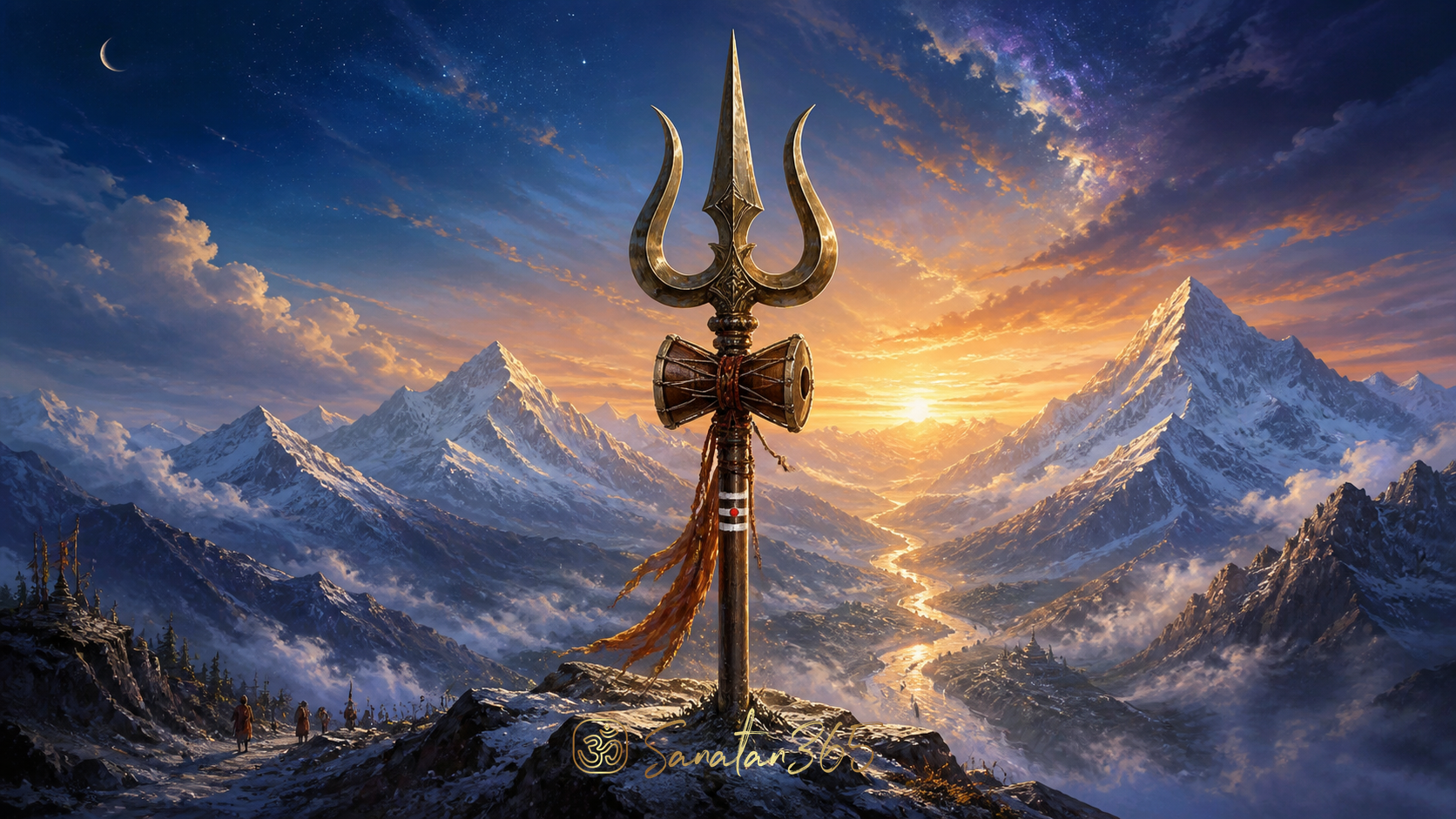 Shiva's sacred trishula above a Himalayan valley at dawn, symbolizing time, the three gunas, and spiritual clarity