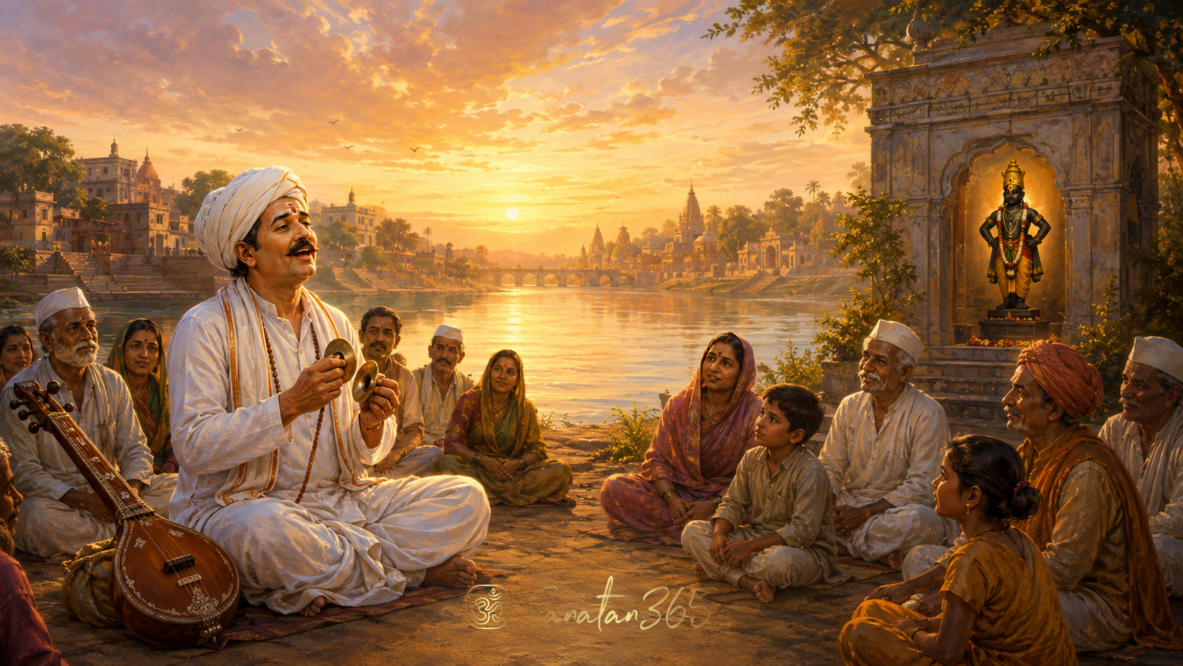 Painterly depiction of Tukaram singing near a river with listeners and a distant Vithoba shrine