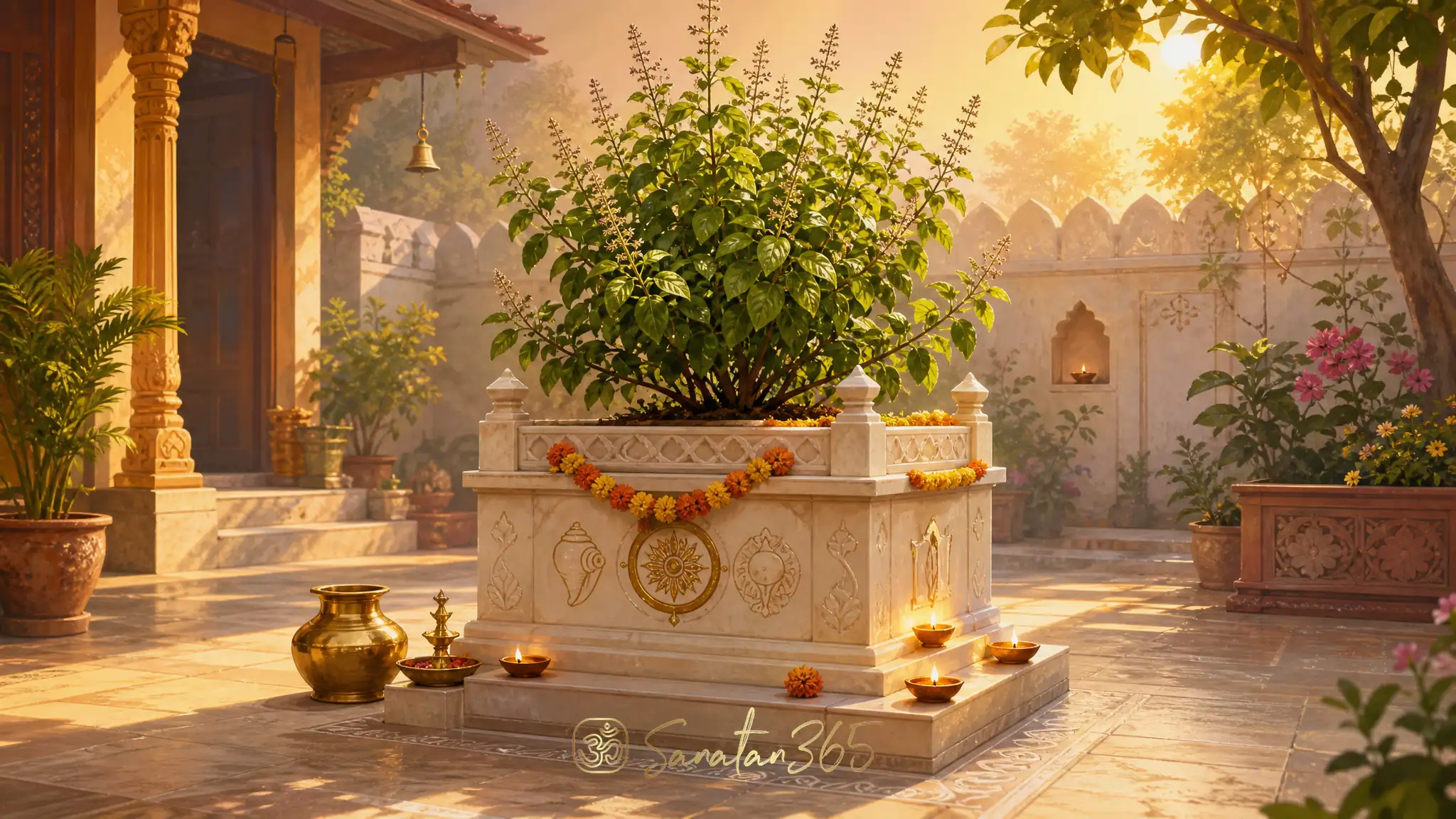 Tulsi Vrindavan courtyard shrine with sacred basil plant, diya lamps, and Vishnu symbols for an article on Tulsi plant meaning