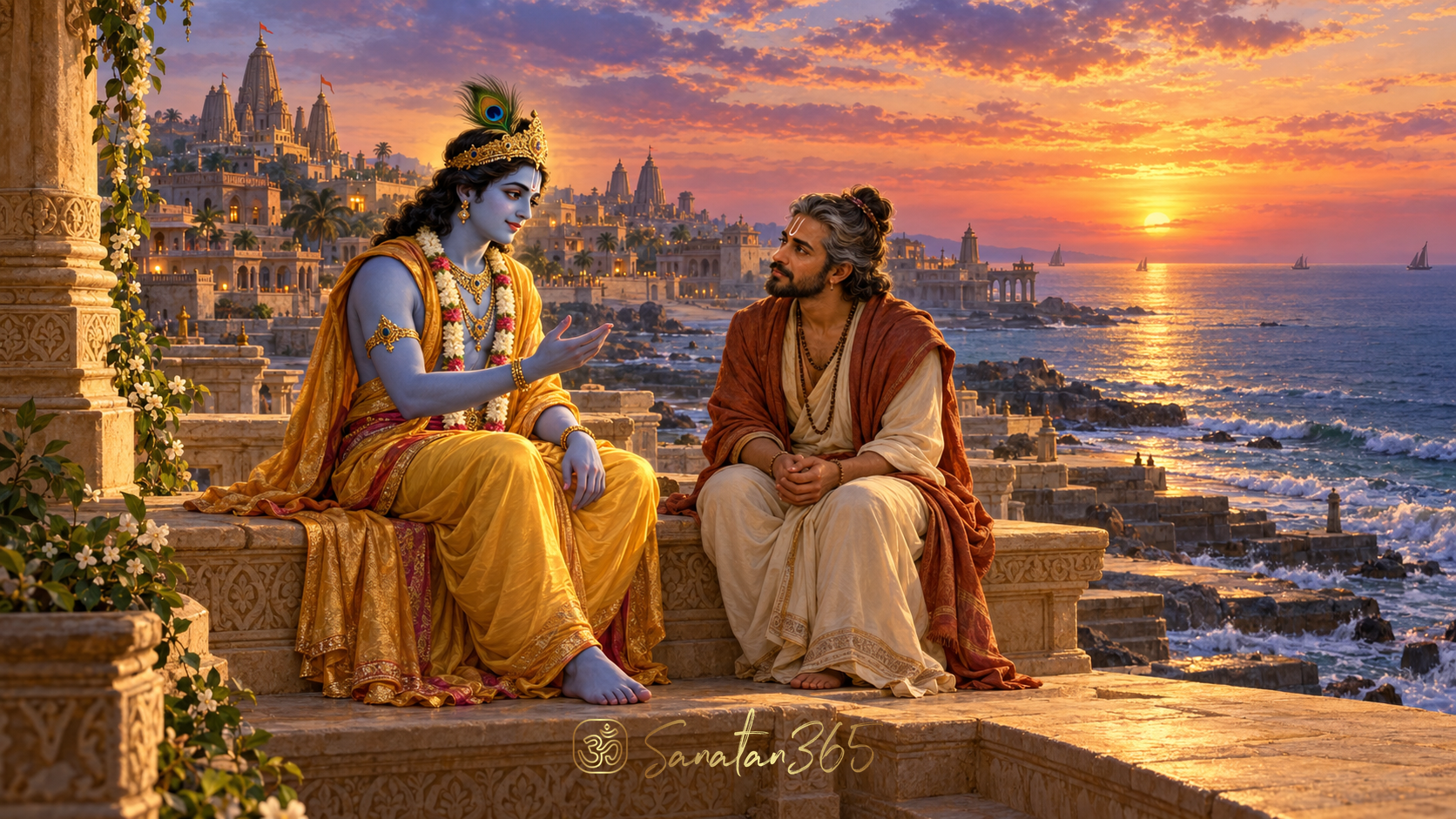 Krishna speaking with Uddhava beside the sea at twilight in a reverent painterly scene