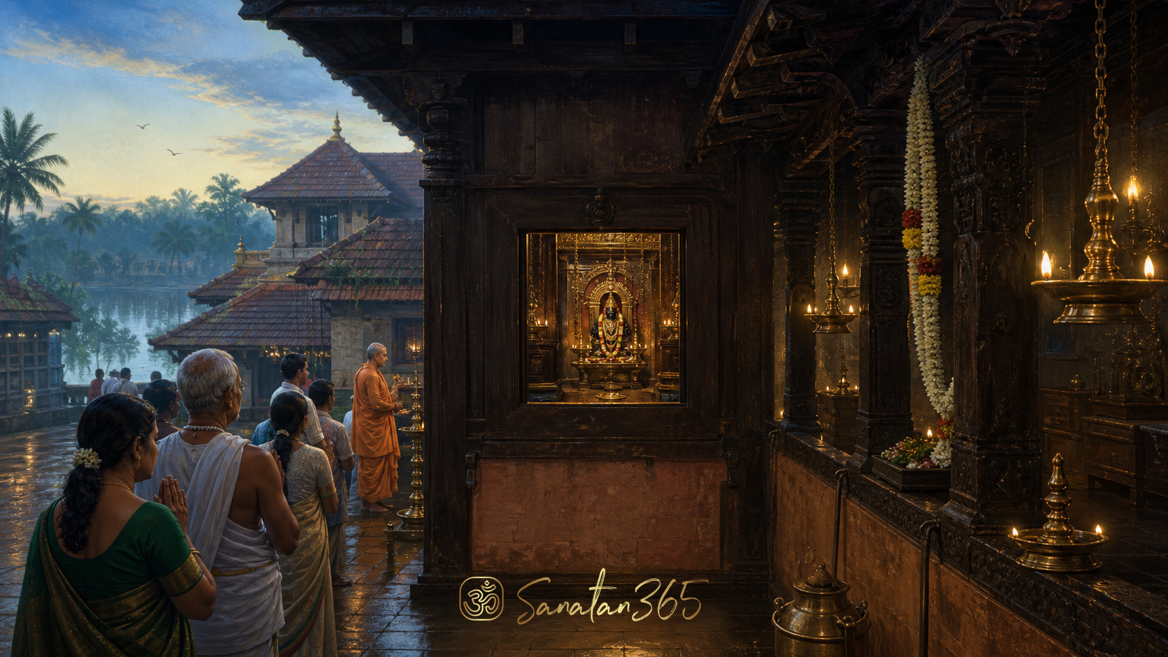 Painterly dawn view inside Udupi Sri Krishna Matha with devotees approaching the illuminated Krishna darshan window