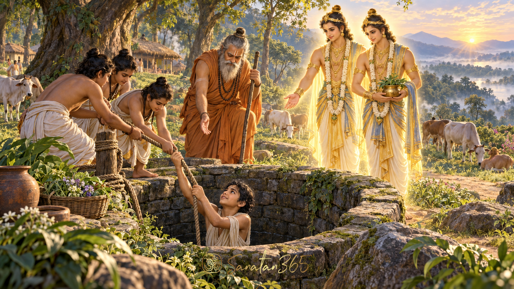 Upamanyu being rescued from a forest well as the twin Ashvins bring healing light and Sage Dhaumya looks on