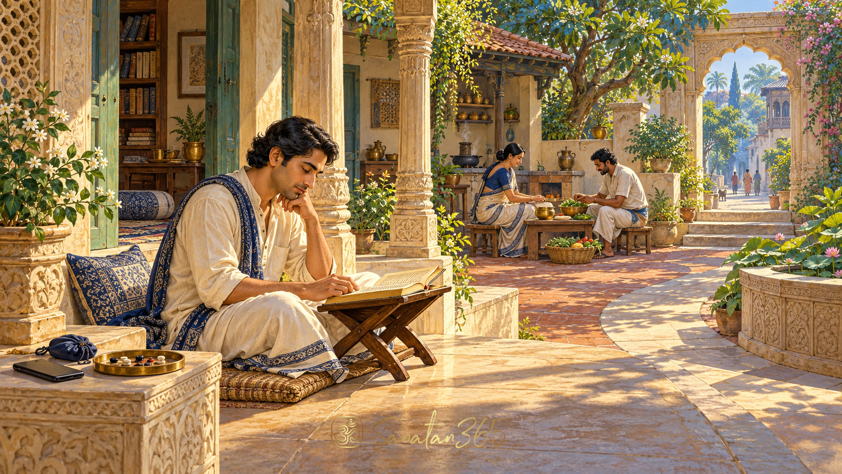 Painterly reader in a sunlit Indian veranda beside a connected courtyard of family work and quiet study
