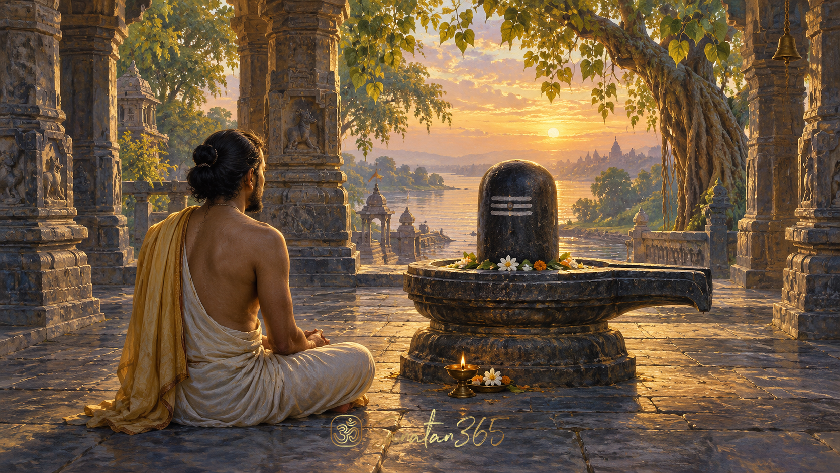 Painterly devotee seated in reverence before a Shiva linga in a luminous sanctuary opening toward a courtyard and river.