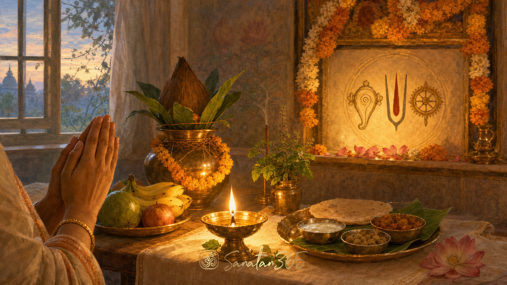 Home shrine with diya, kalash, fruit, tulsi leaves, and folded hands symbolizing upavas as devotional fasting