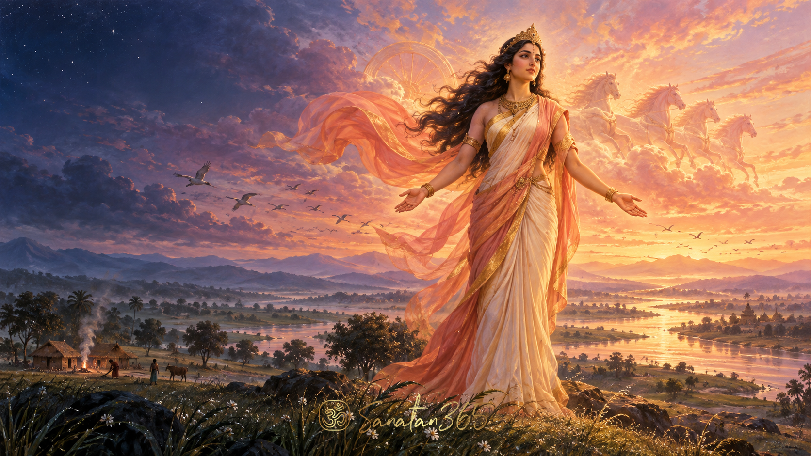 Painterly depiction of Goddess Ushas bringing rose-gold dawn across a waking Vedic landscape