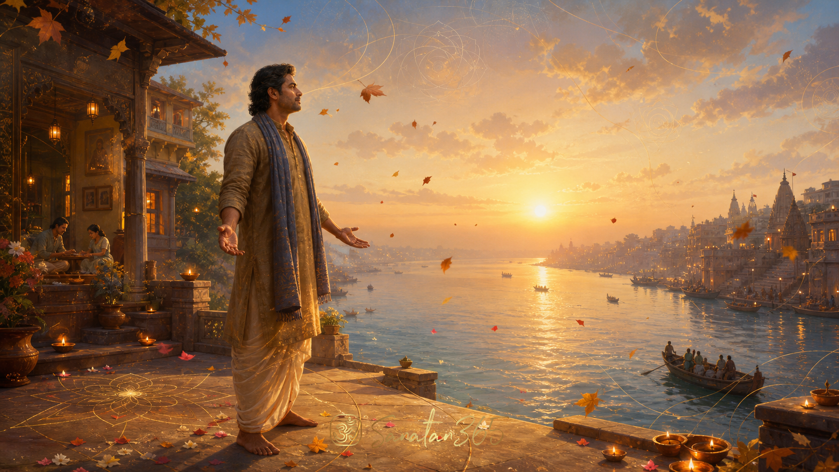 A serene seeker with open hands overlooking a dawn river, symbolising Vairagya as engaged non-attachment