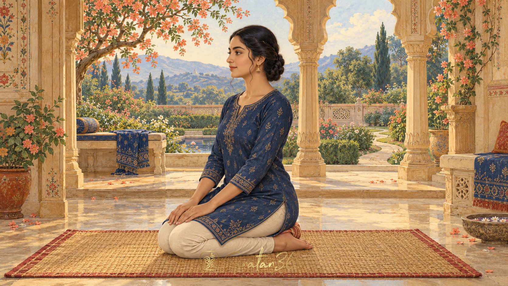 Painterly illustration of a practitioner sitting on the heels in supported Vajrasana in a sunlit Indian learning pavilion.